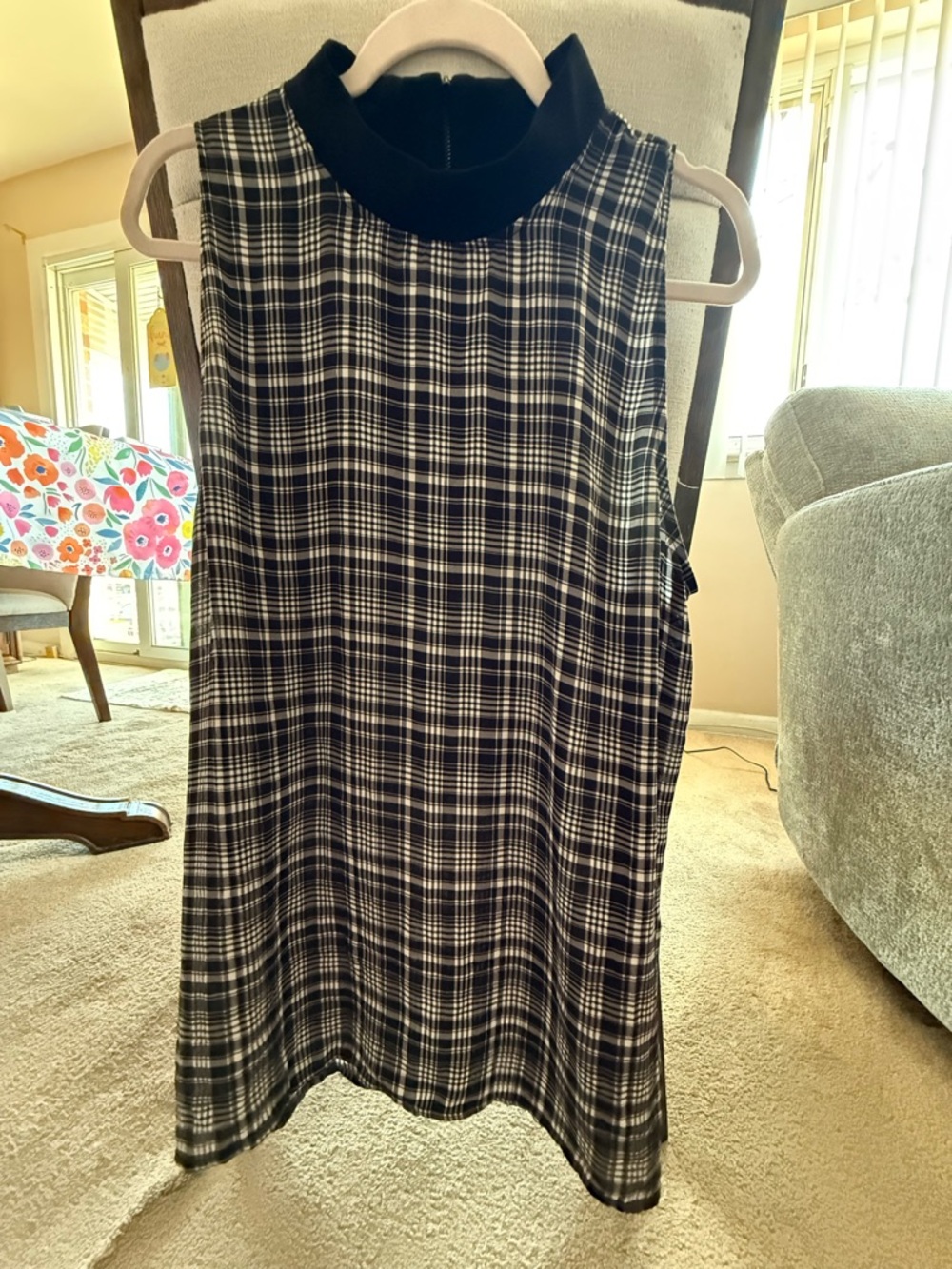 LOFT Black and White Plaid Sleeveless Mock Neck Top